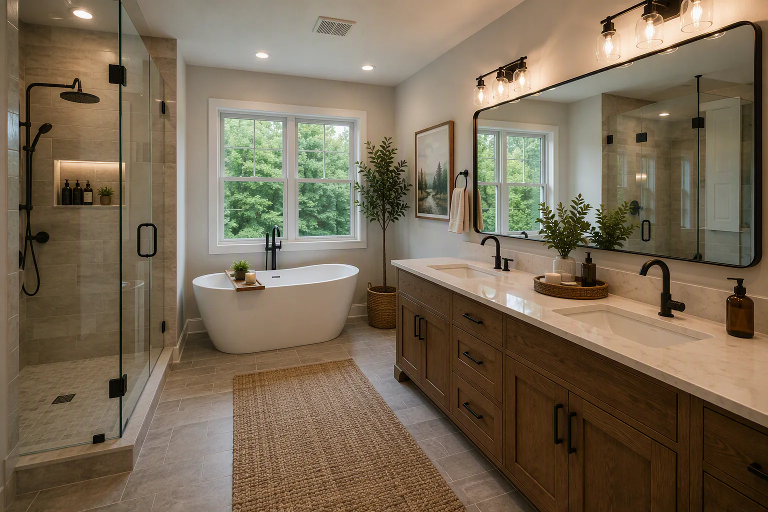 Custom bathroom layout with a glass walk-in shower, freestanding tub and long double vanity