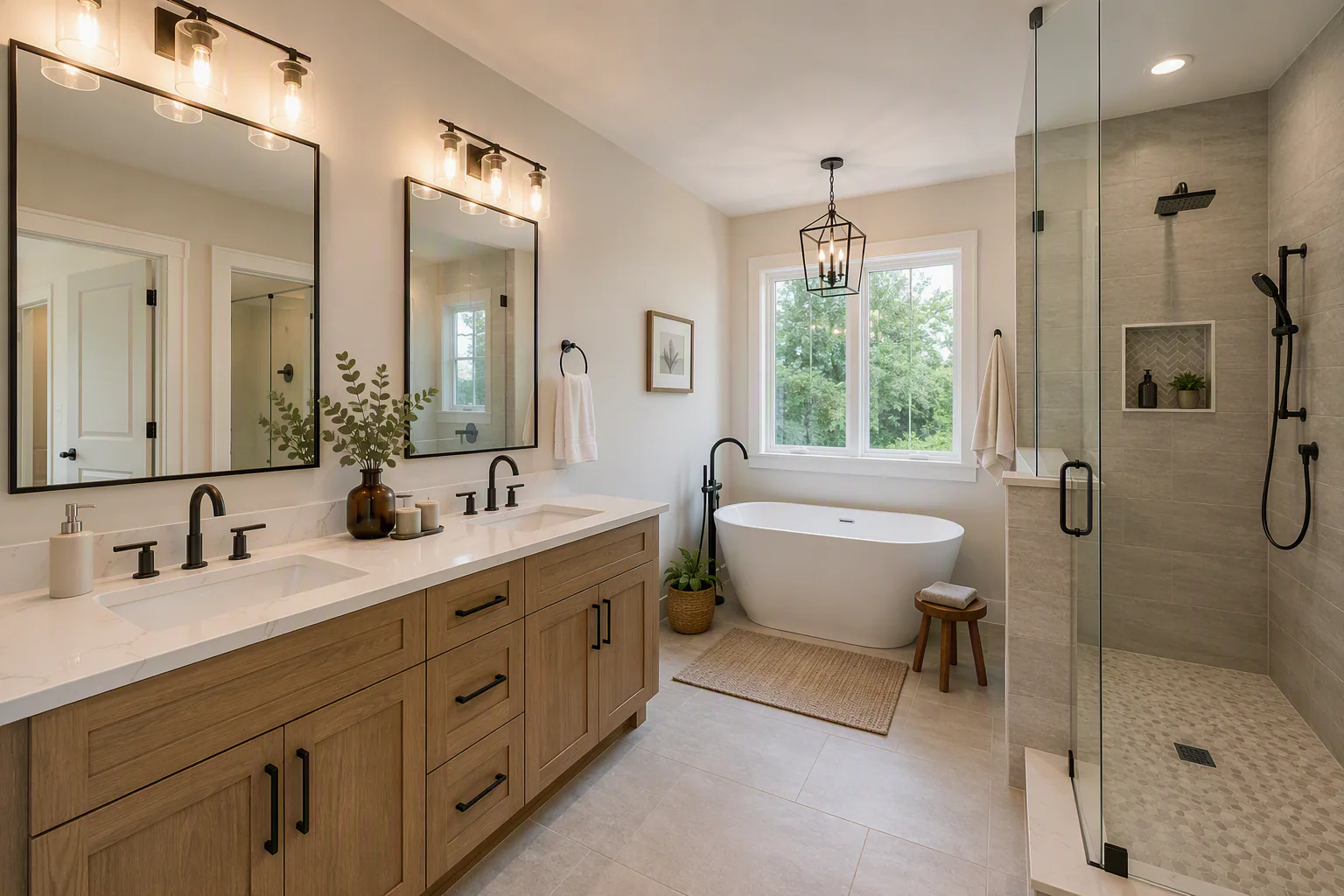Finished custom bathroom with a double vanity, freestanding soaking tub and glass-enclosed walk-in shower