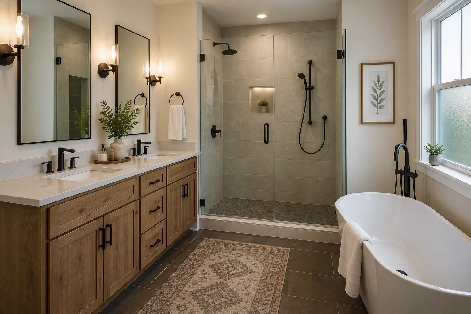 Completed bathroom remodel with a tiled glass shower, wood double vanity and freestanding tub
