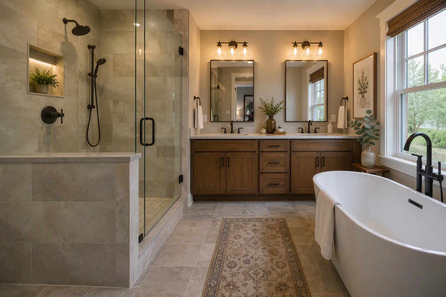 Custom bathroom with a wood double vanity, tiled glass shower and freestanding soaking tub