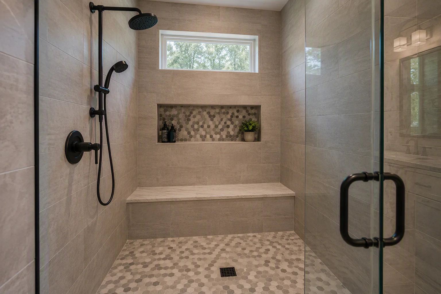 Tiled walk-in shower with a built-in bench, recessed niche, rain head and handheld fixture