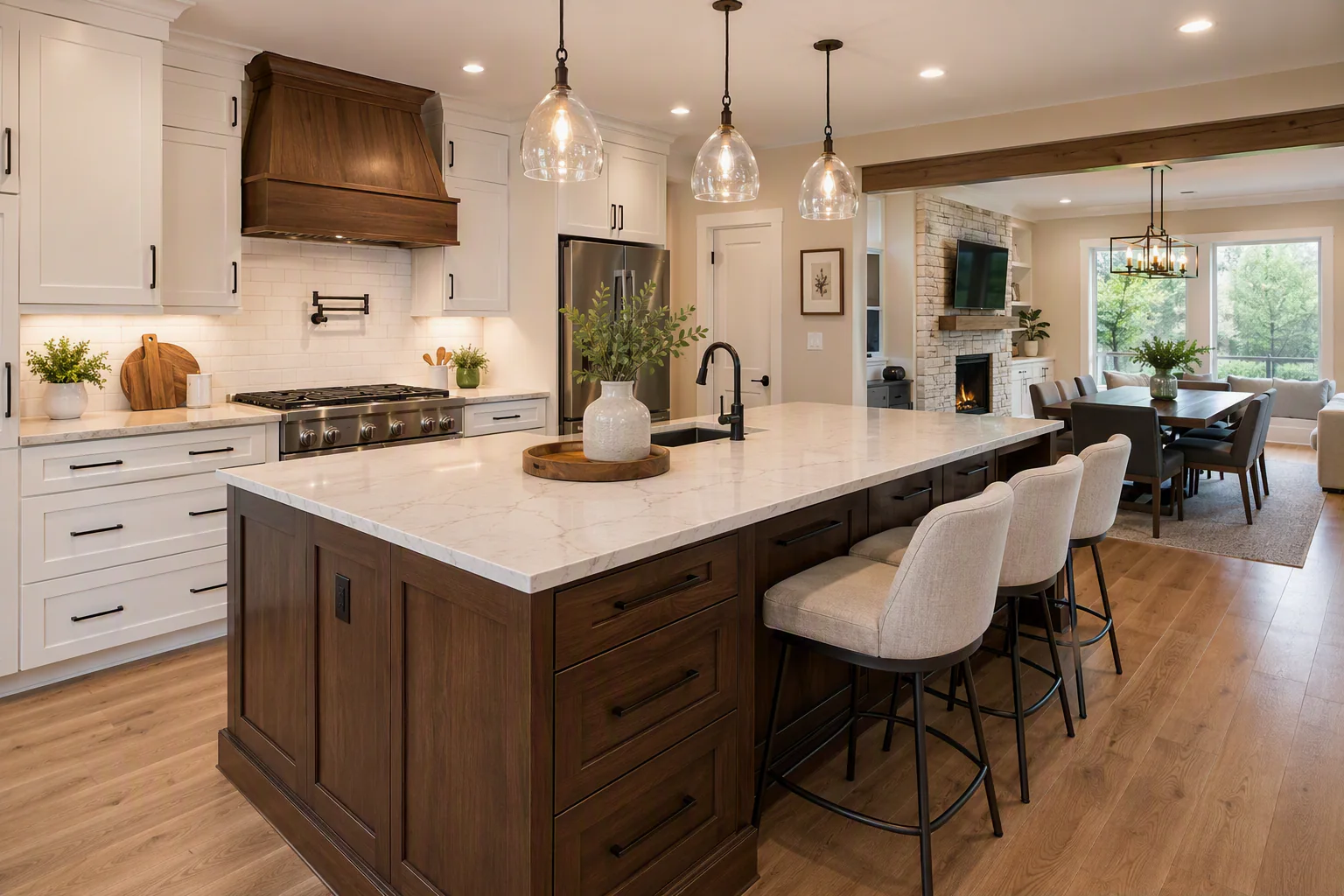 Custom home kitchen with white perimeter cabinets, a dark wood island, deep drawer storage, upholstered seating, island sink, stainless appliances, and an adjoining living area.