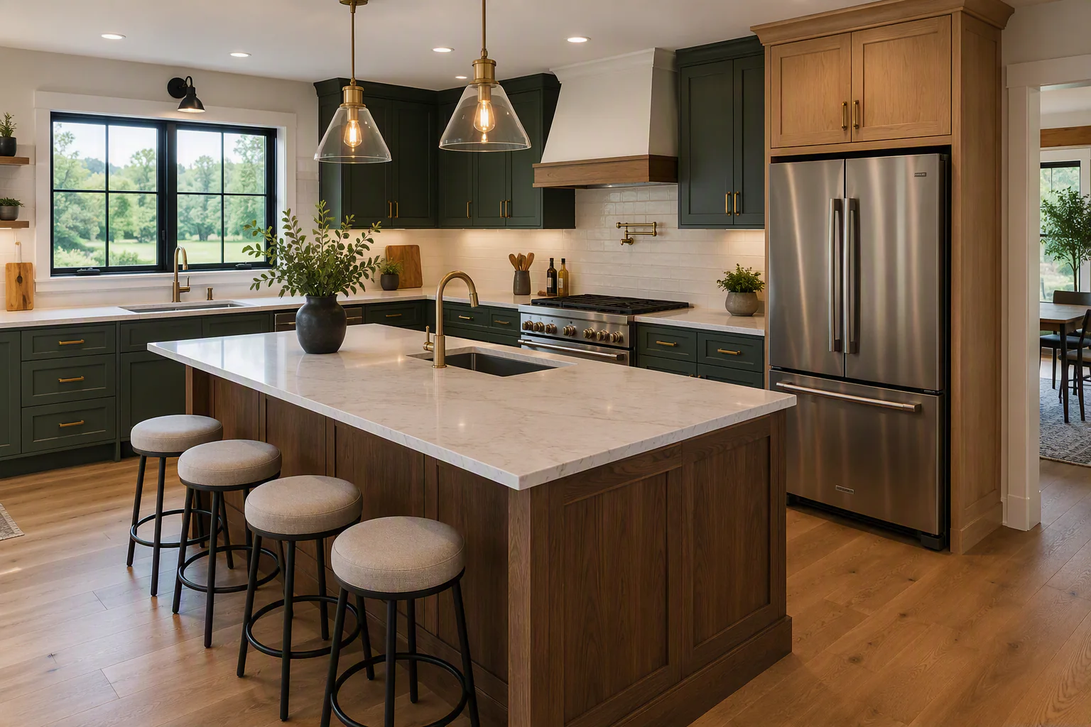 Dark green custom kitchen with a natural wood island, four counter stools, island sink, window sink, stainless refrigerator, cooking range, white hood with wood trim, and pendant lighting.