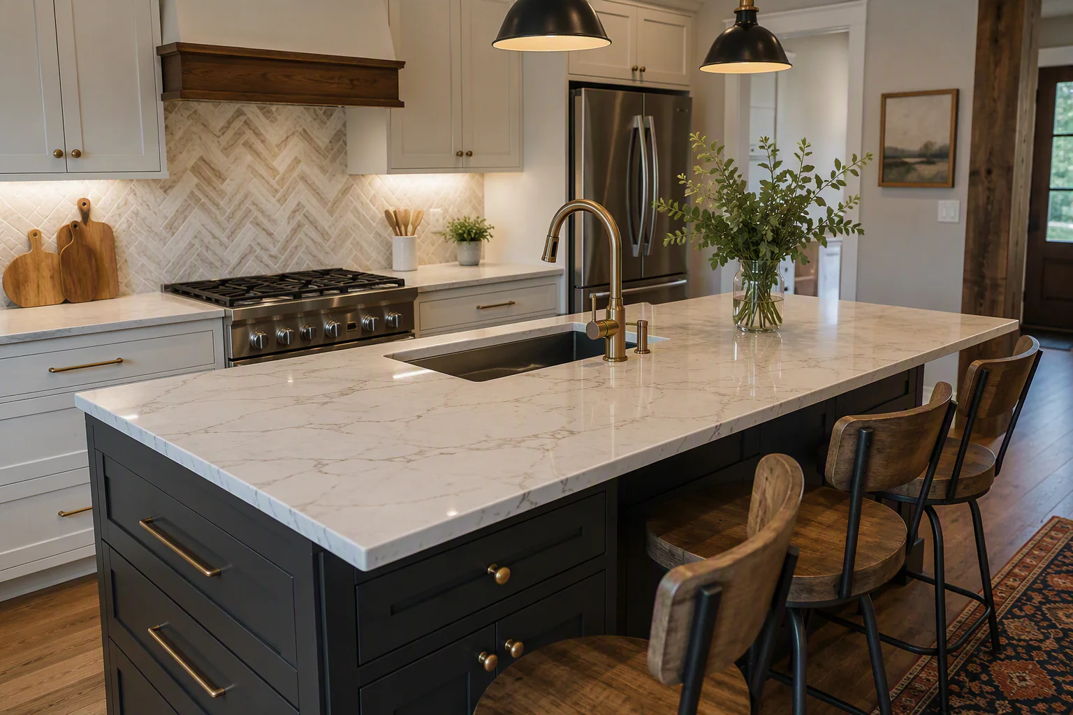 Dark kitchen island with a light veined countertop, undermount sink, pull-down faucet, seating, deep drawers, cabinet storage, and pendant lighting in a white home kitchen.