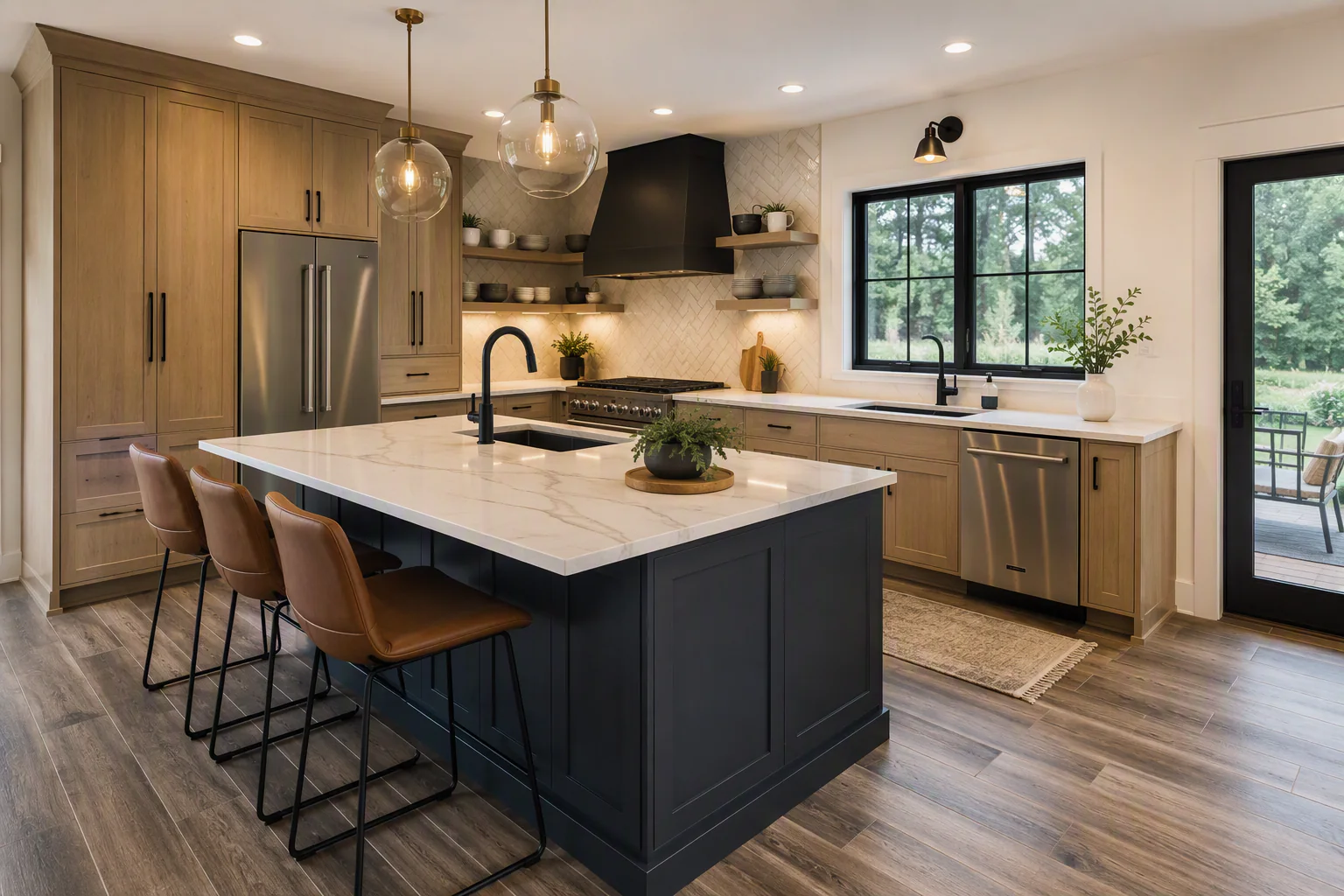 Natural wood custom kitchen with tall refrigerator cabinetry, a dark island, island sink, leather-style seating, open shelves, cooking range, window sink, dishwasher, and outdoor access.
