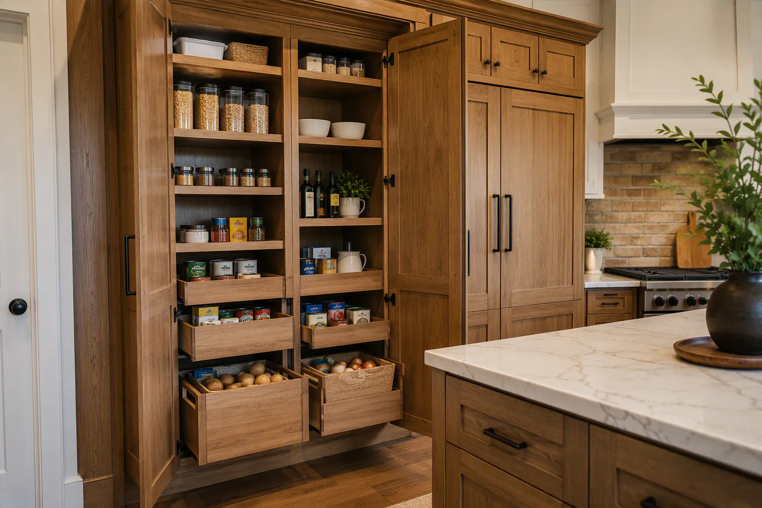 Natural wood kitchen pantry cabinet with open doors, adjustable shelves, food containers, spices, oils, baskets, shallow pull-outs, and deep lower pull-out storage.