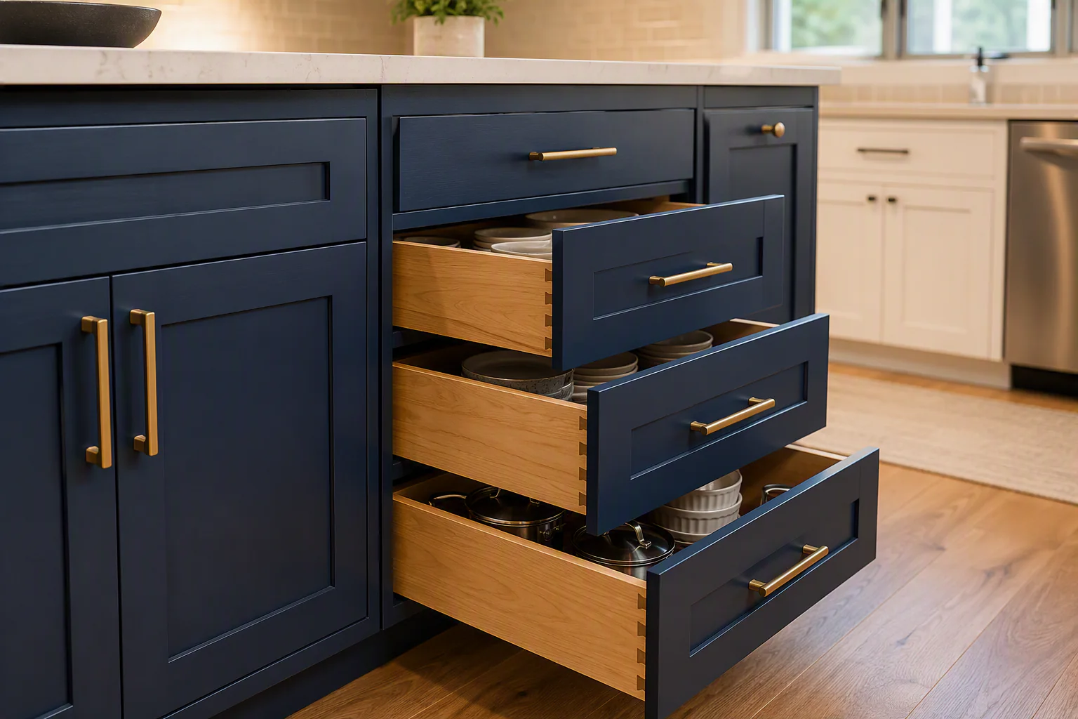 Navy kitchen island cabinetry with three open deep wood drawers storing plates, bowls, cookware, and baking dishes, plus brass-colored pulls and adjacent cabinet doors.