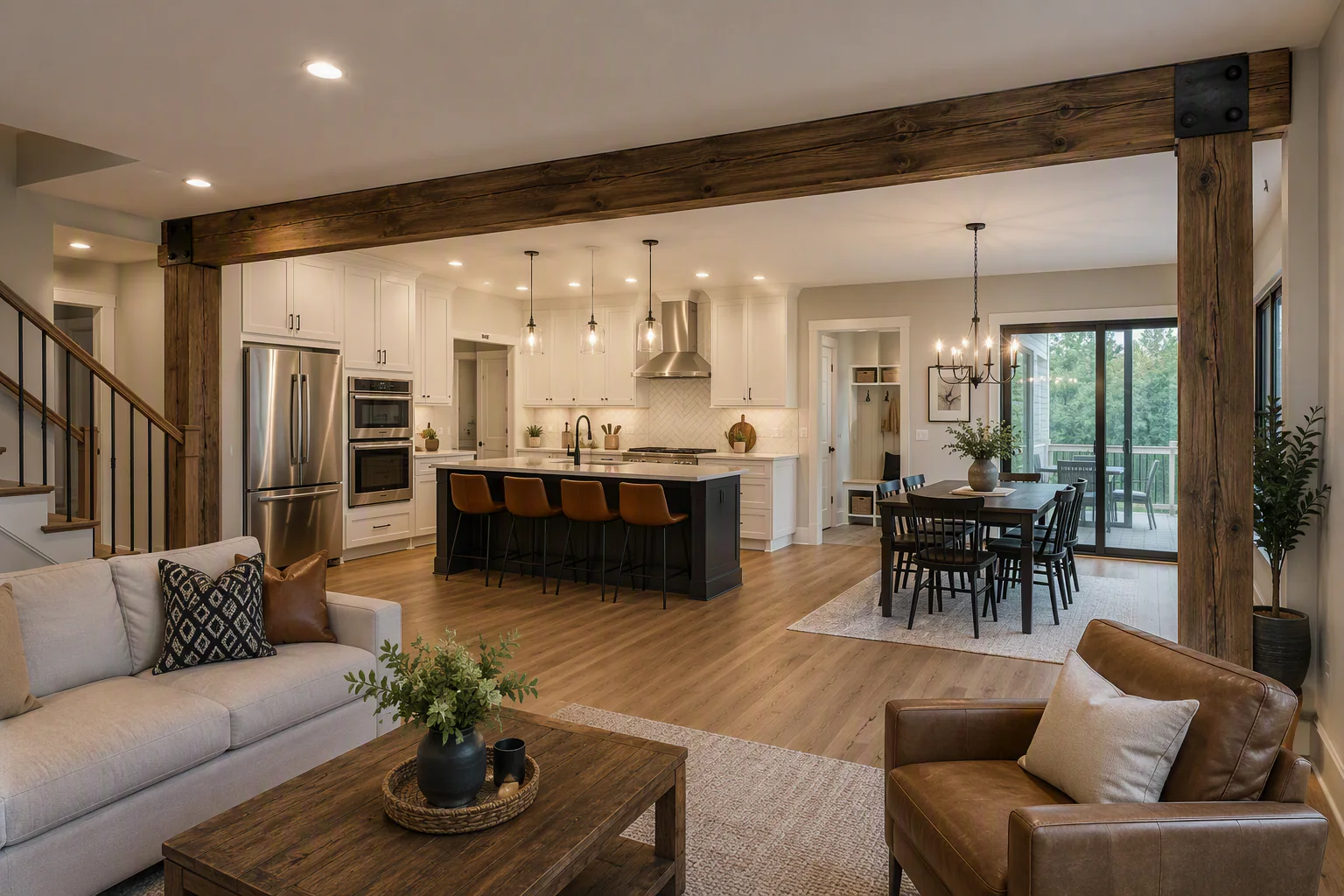 Open-concept home with a white custom kitchen, dark island seating, stainless appliances, dining area, living room, staircase, wood flooring, and exterior access.