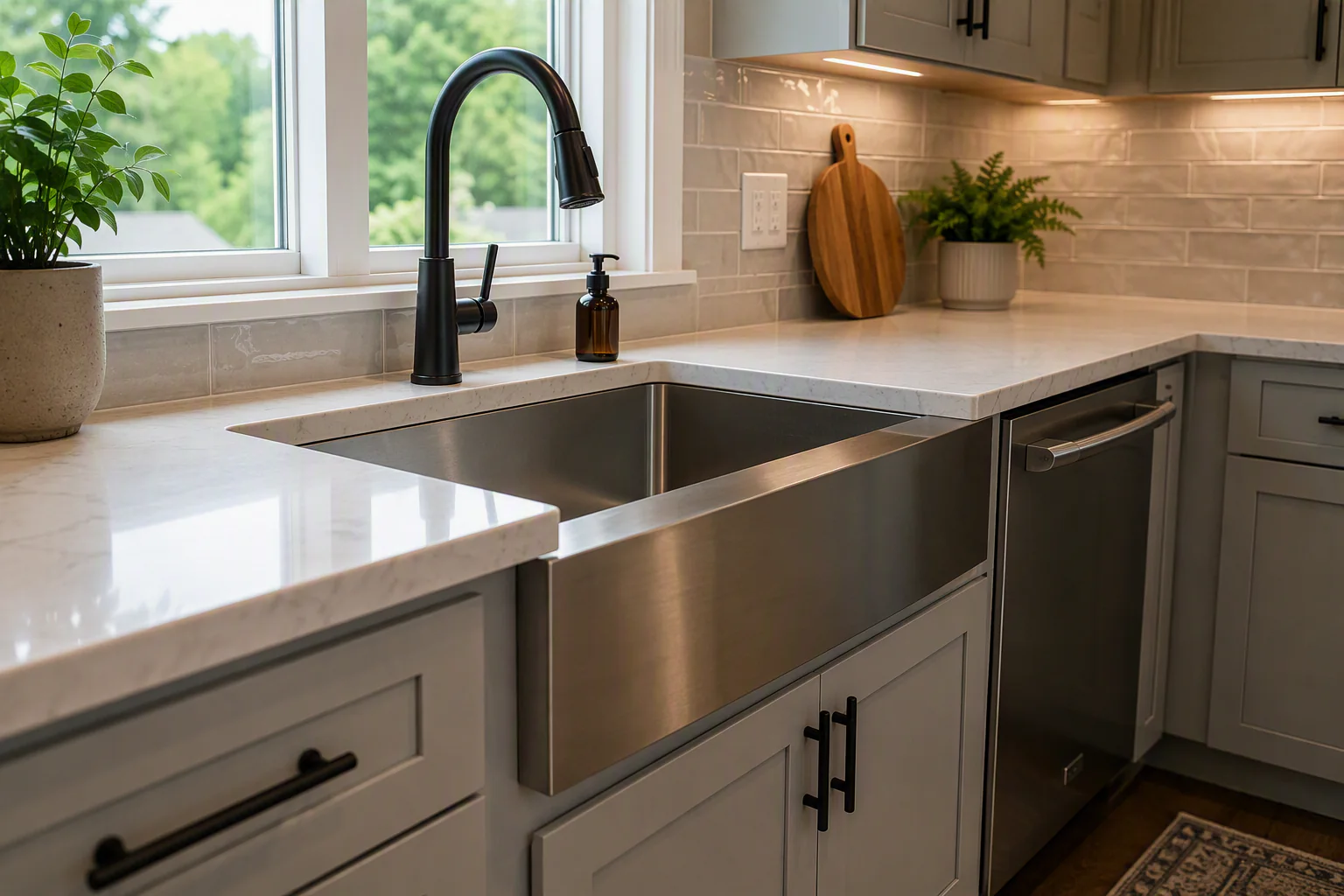 Stainless apron-front kitchen sink with a dark pull-down faucet, adjacent dishwasher, window, light shaker-style cabinets, tile backsplash, receptacle, and countertop workspace.
