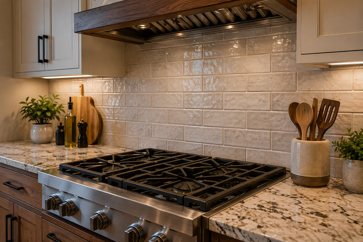 Stainless kitchen range beneath a custom wood hood with built-in hood lighting, textured tile backsplash, light veined countertops, and surrounding white and wood cabinetry.