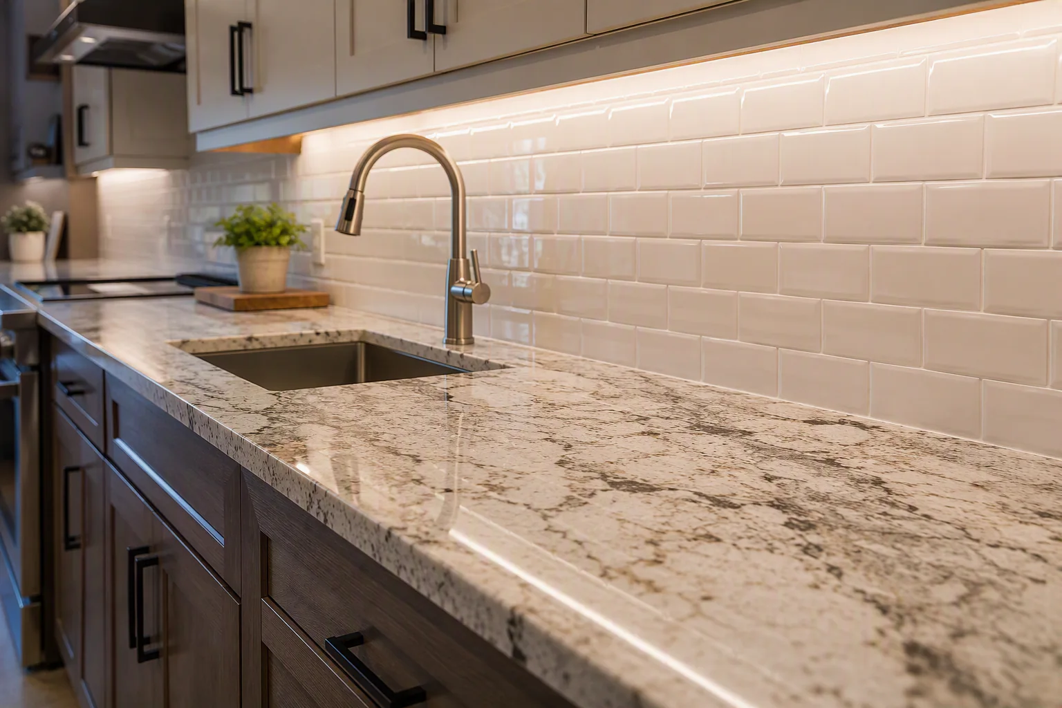 Undermount kitchen sink with a pull-down faucet, light veined countertop, dark base cabinets, upper cabinets, rectangular tile backsplash, and under-cabinet task lighting.