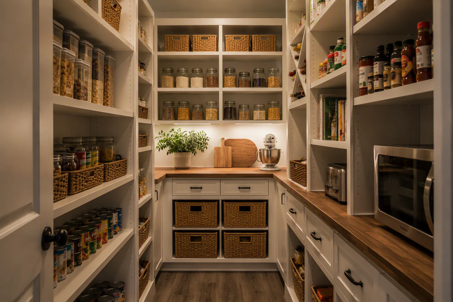 Walk-in kitchen pantry with white adjustable shelving, base cabinets, drawers, baskets, dry-food containers, wood countertops, and space for small appliances.