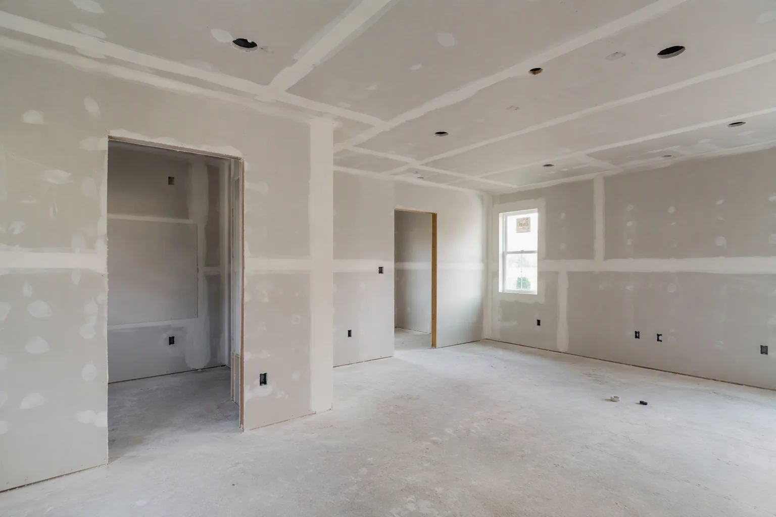 New drywall walls and ceiling with taped joints and joint compound during finishing