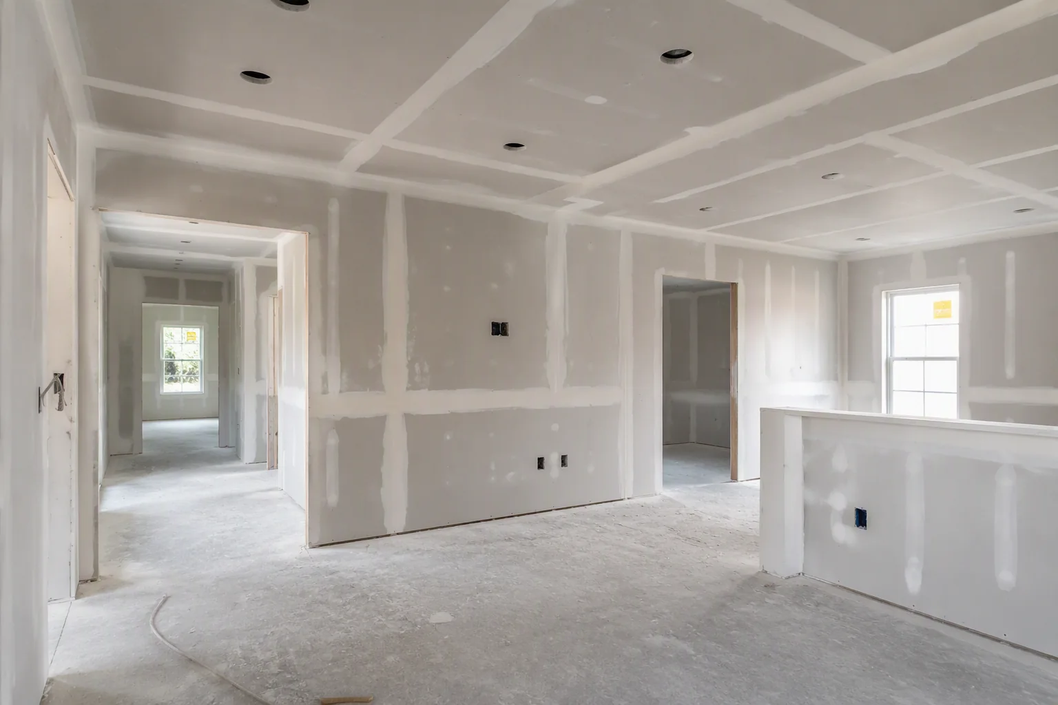Drywall installation and finishing in progress during a Northeast Arkansas remodeling project