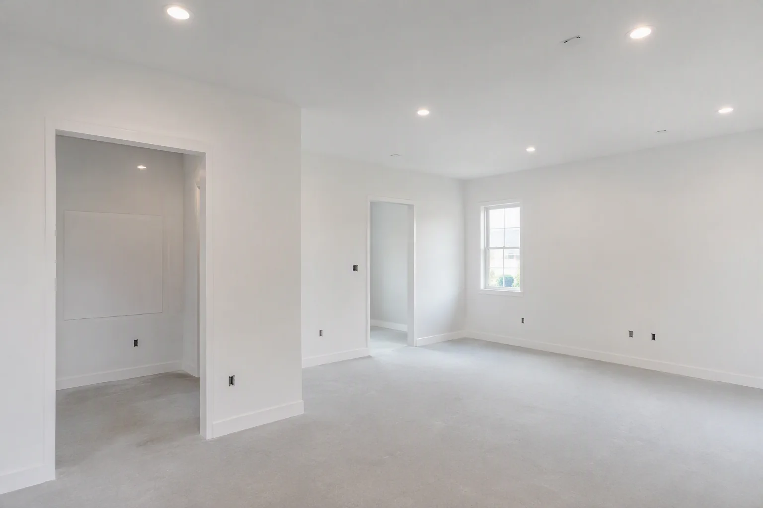 Remodeled interior with smooth primed drywall walls and ceilings ready for final finishes