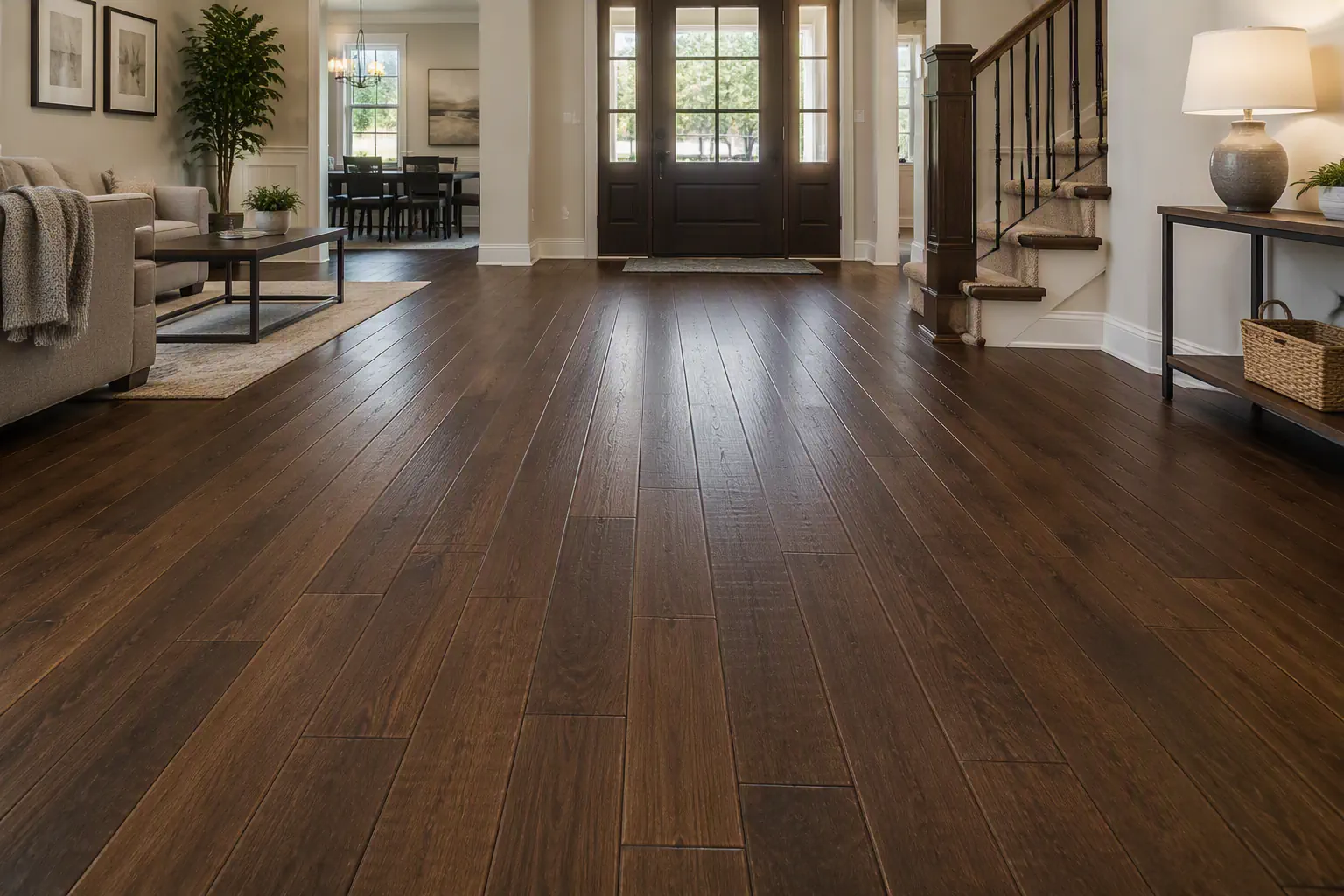 Room overview with dark stained engineered wood flooring.