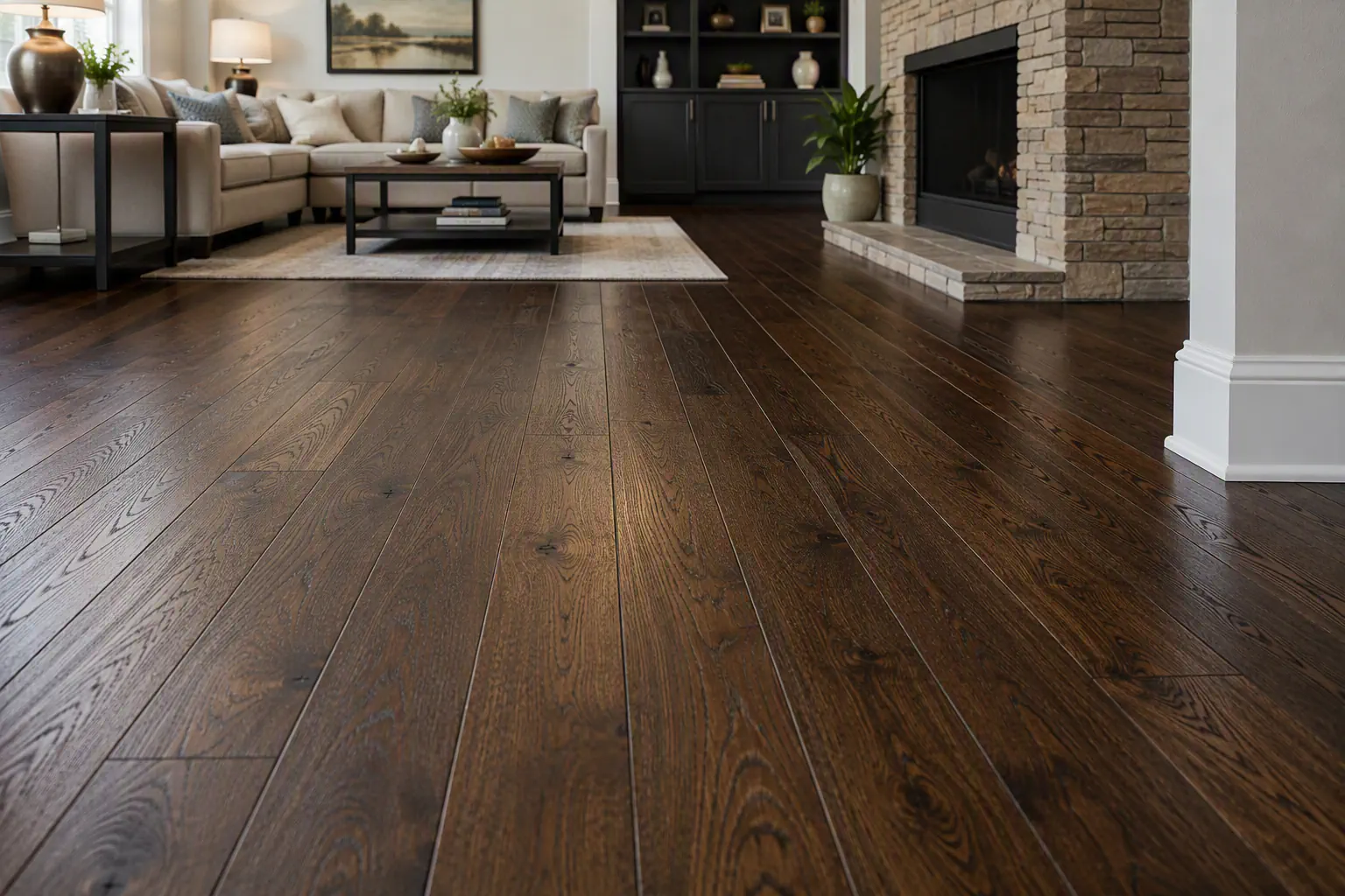 Dark stained wood plank flooring extending through an interior room.