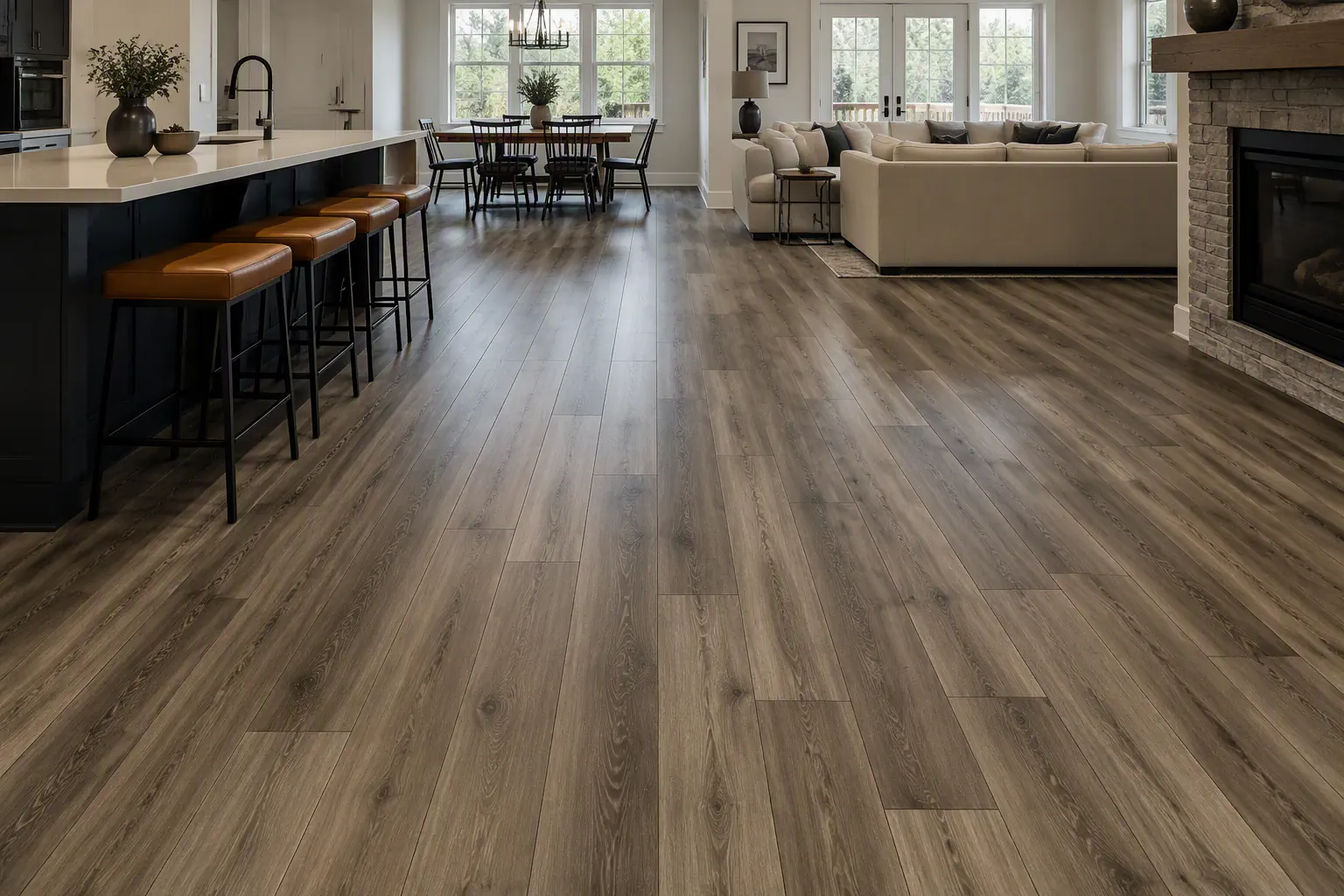 Room overview with gray vinyl plank flooring.