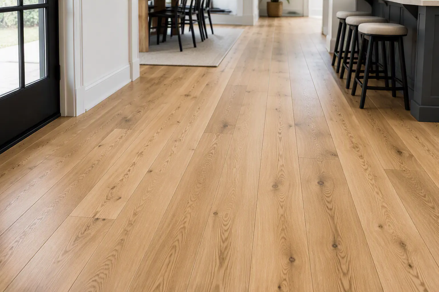 Light natural engineered wood flooring across an open interior.