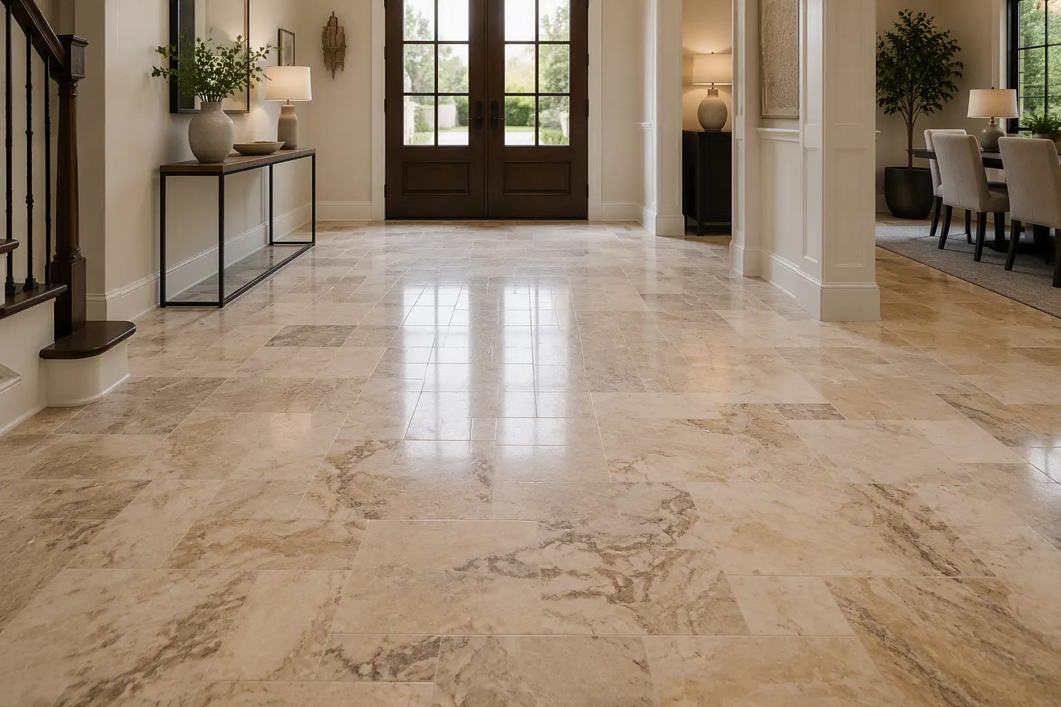Light natural stone tile flooring with subtle color variation.