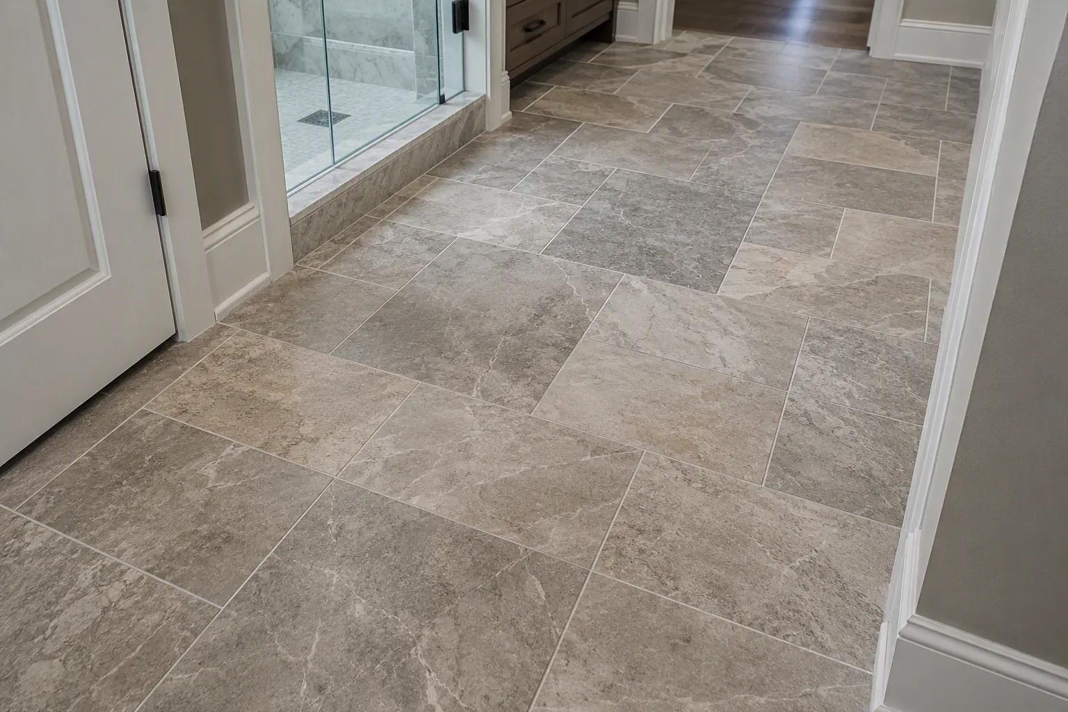 Mixed-size neutral tile flooring installed across a bathroom floor.
