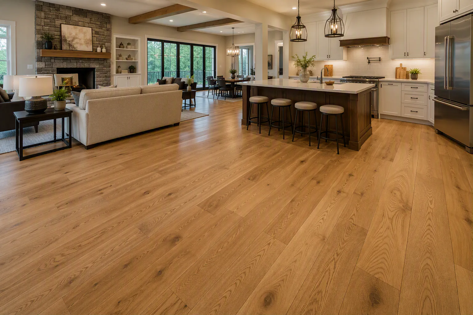 Natural stained engineered wood flooring across a finished interior.