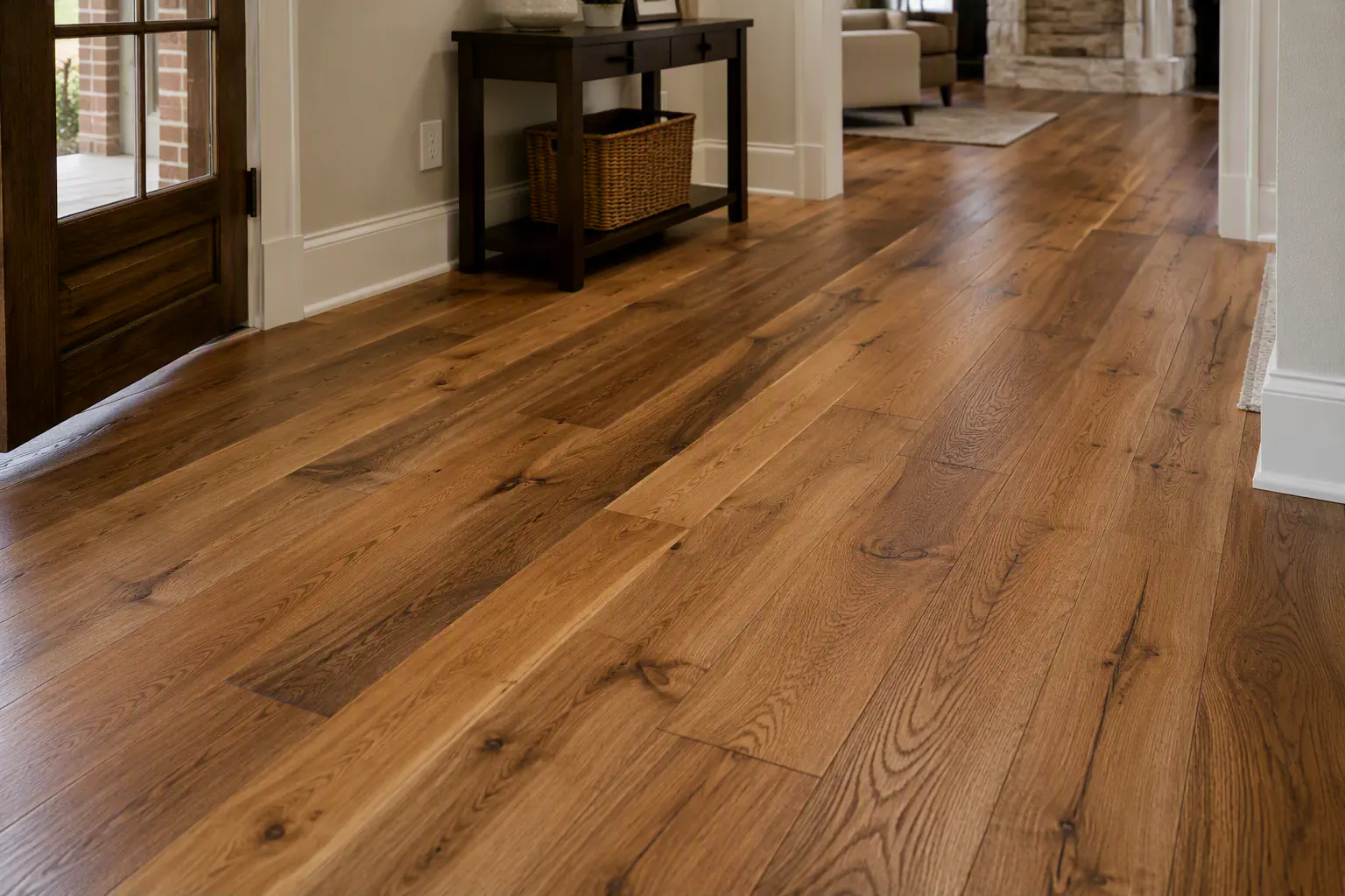 Natural stained wood plank flooring with visible grain variation.