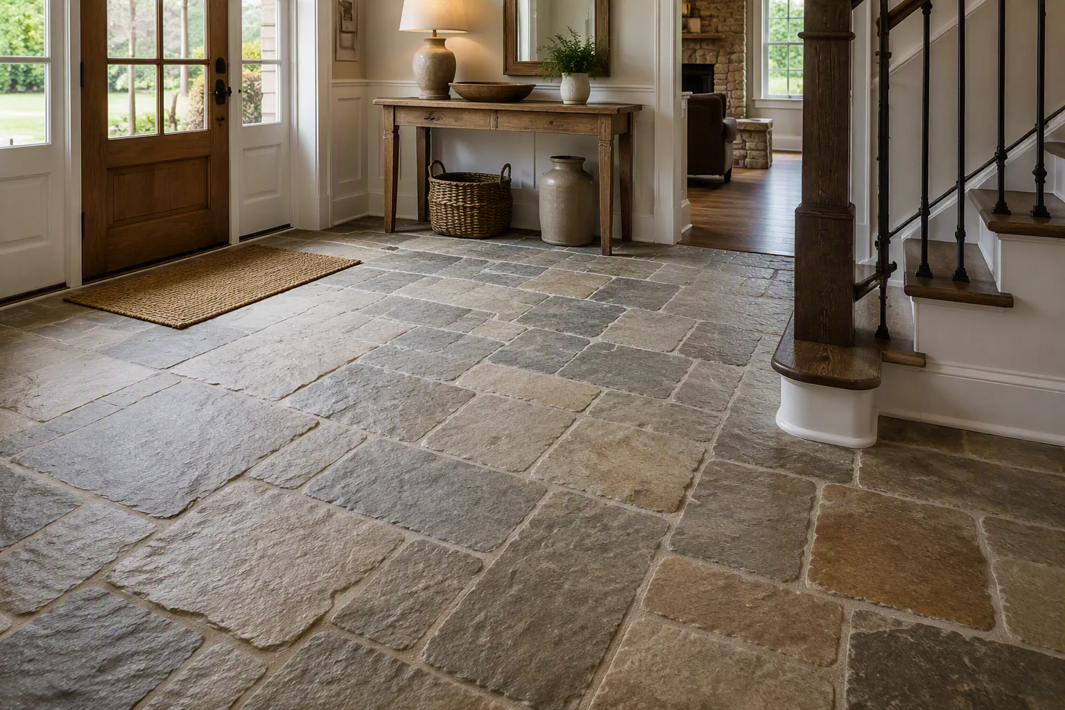 Natural stone tile flooring arranged in a varied rectangular pattern.