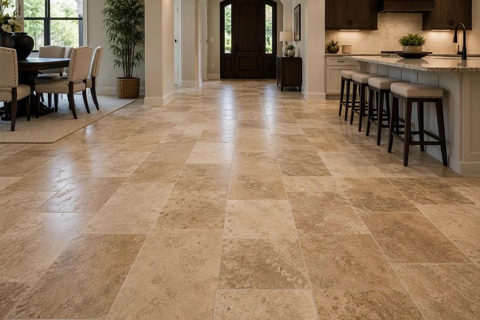 Room overview with natural stone tile flooring.
