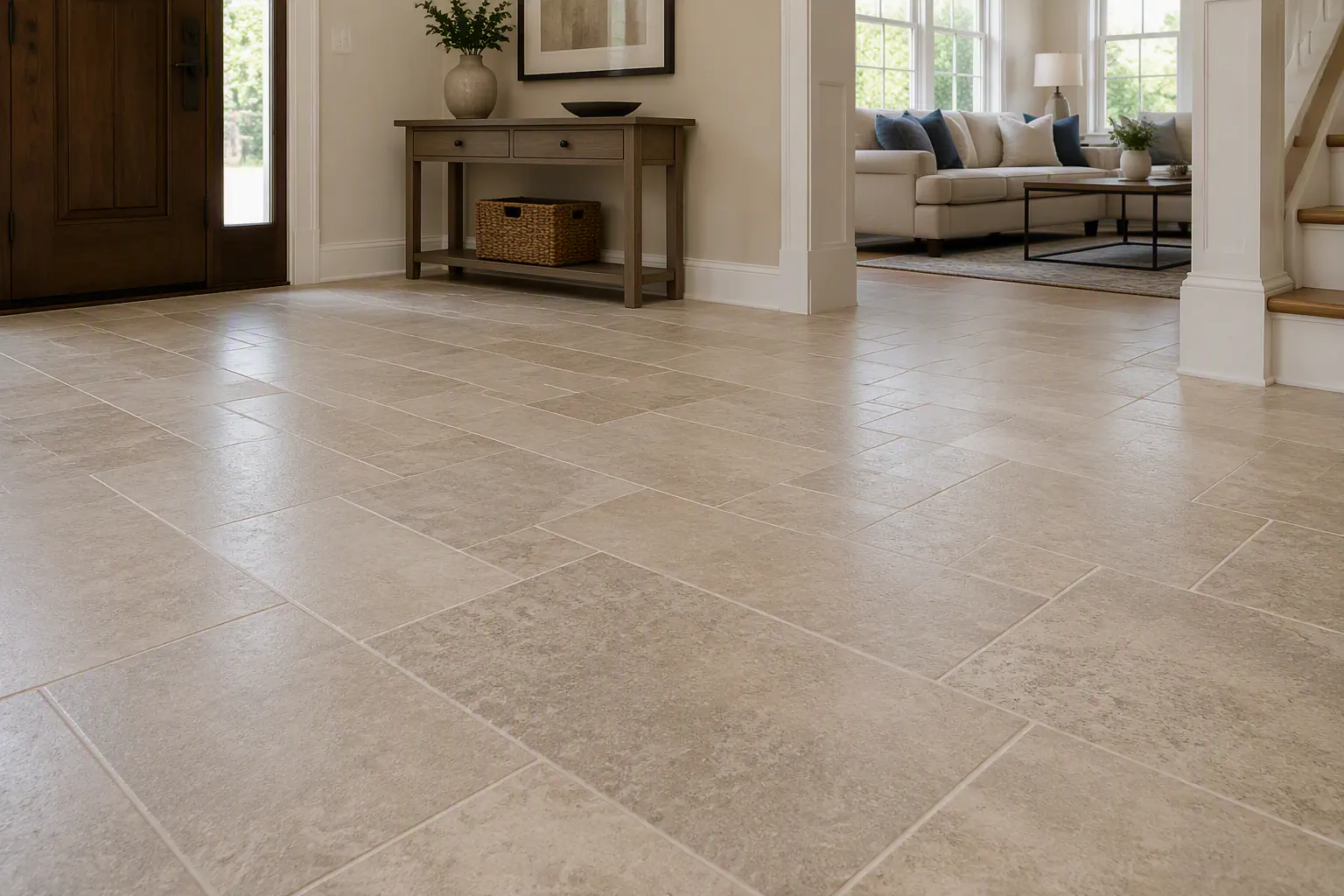 Porcelain tile flooring with consistent grout spacing.