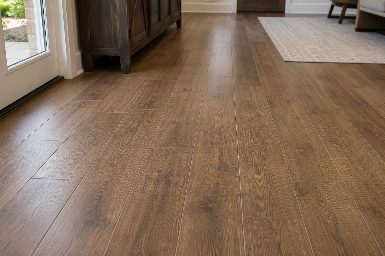 Prefinished engineered wood flooring with warm-toned planks.