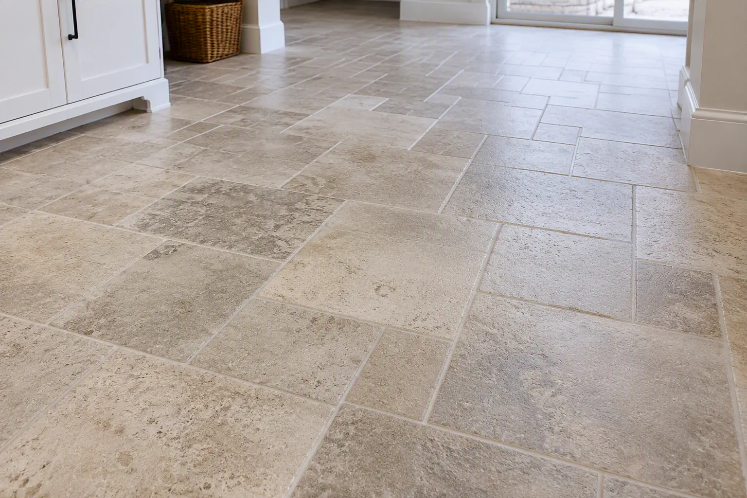 Varied-size porcelain tile flooring in a modular pattern.