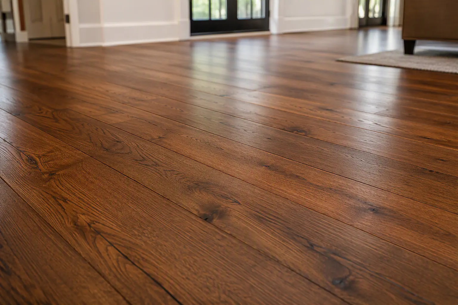 Warm stained wood plank flooring in a finished room.