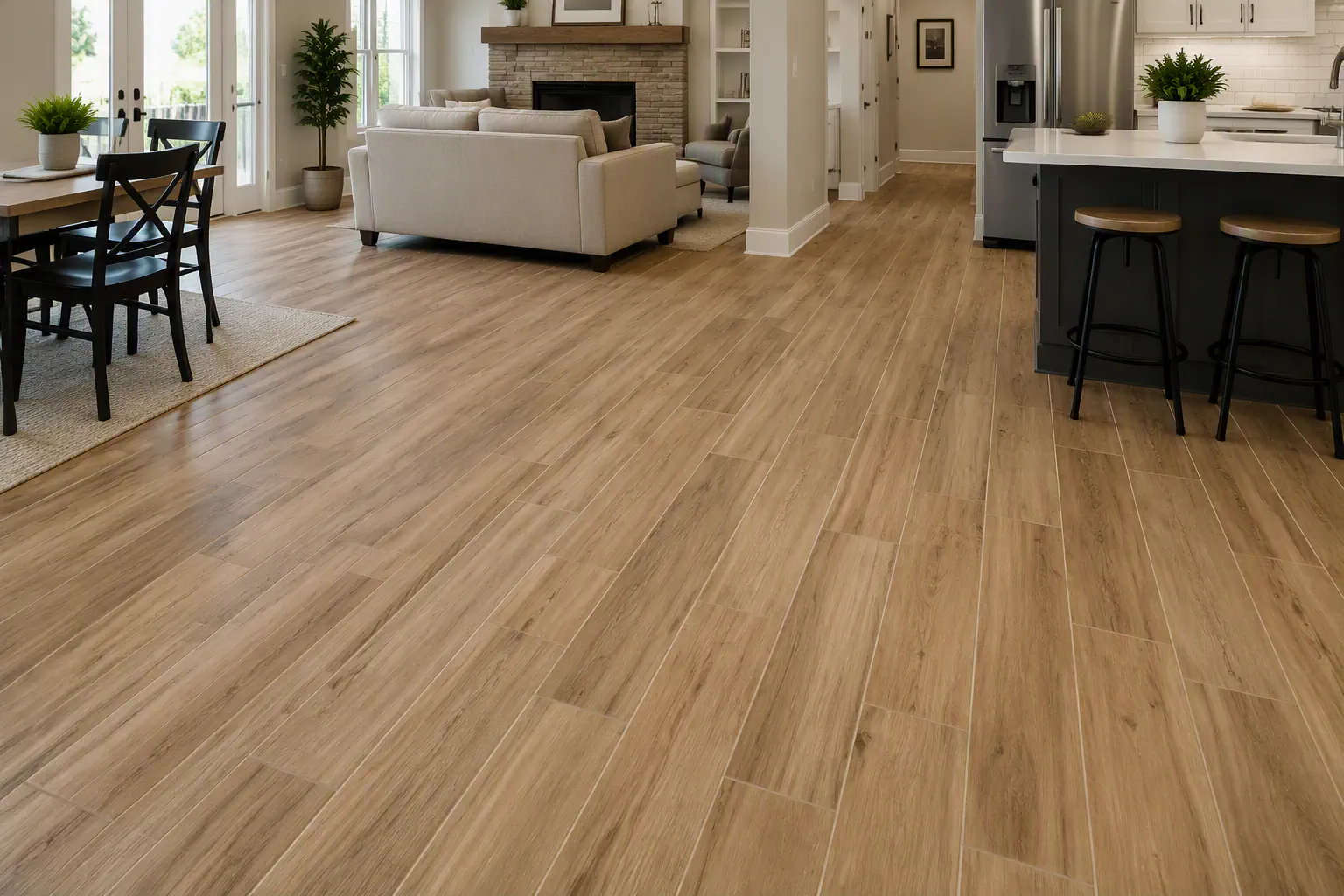 Wood-look ceramic tile flooring with long plank-shaped tiles.