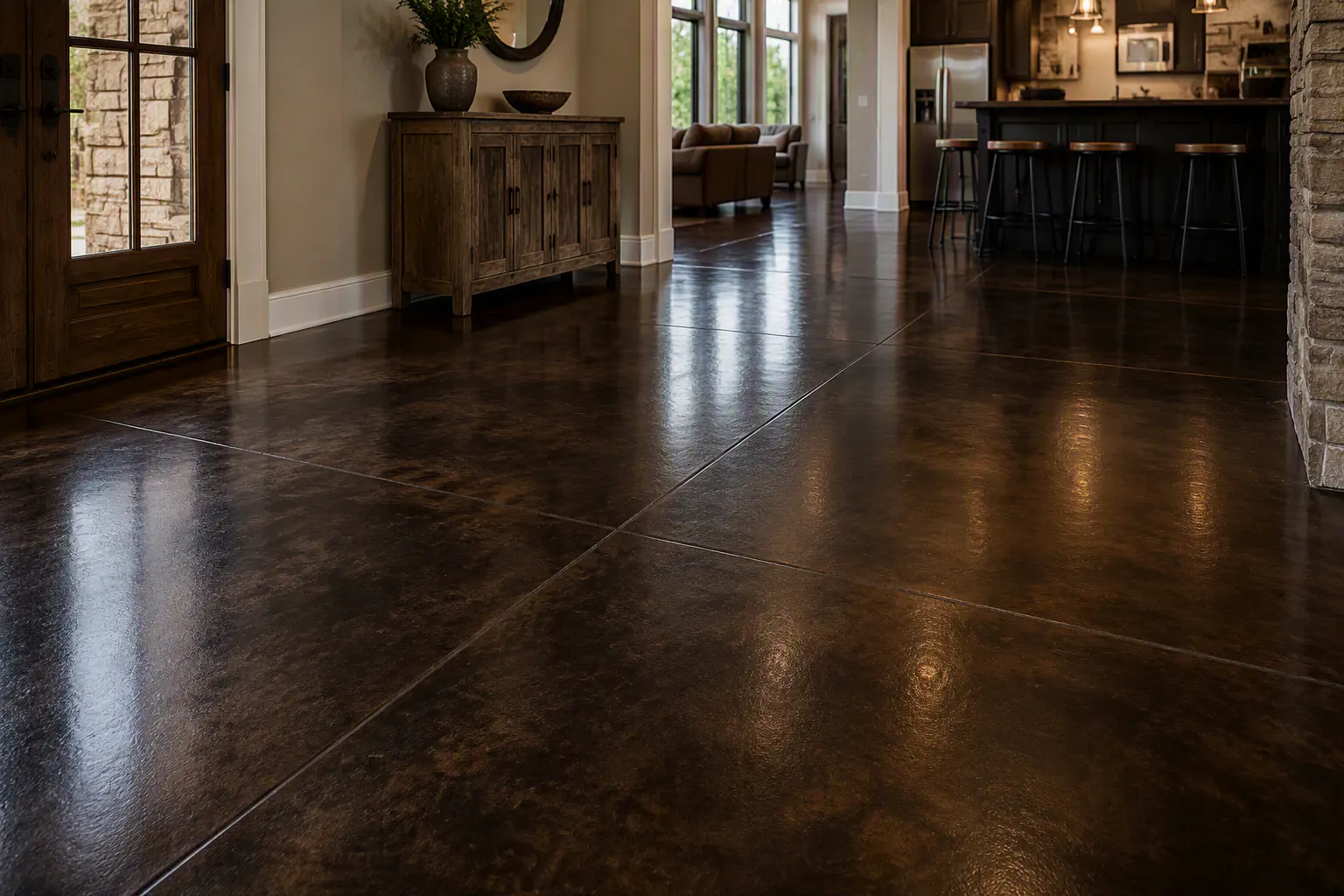 Dark stained concrete flooring with a polished tonal finish.