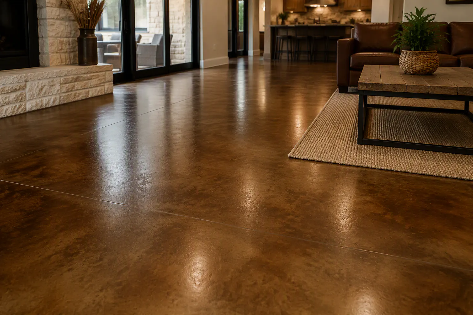 Natural-tone stained concrete flooring with a smooth finished surface.