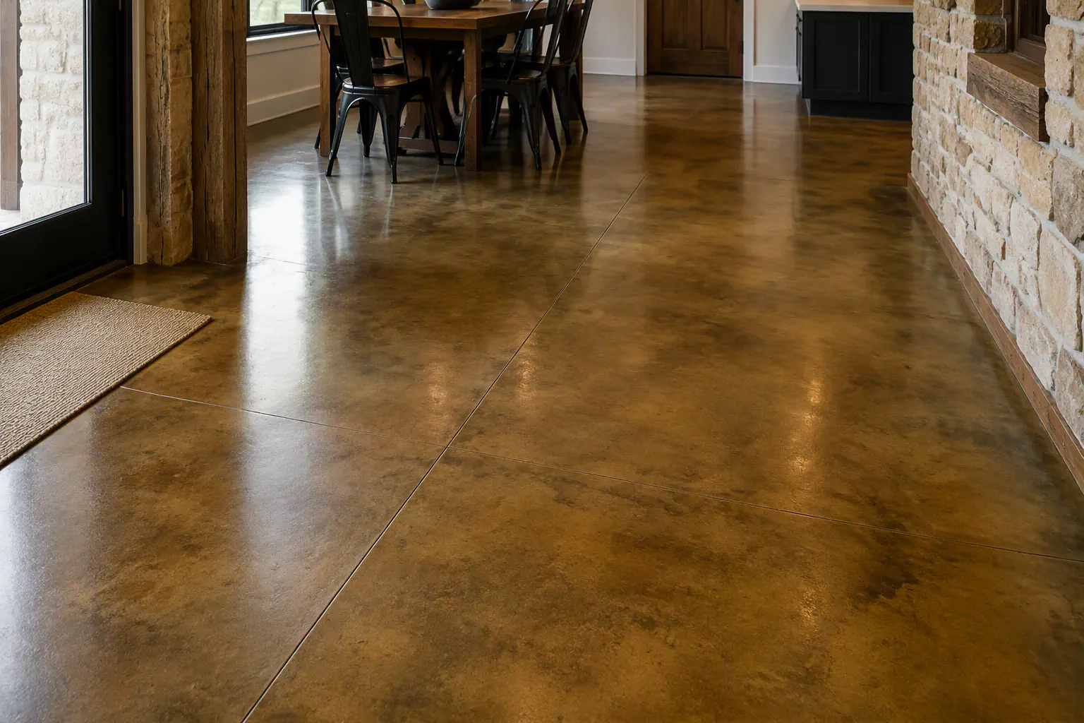 Stained cement flooring with a smooth mottled finish.