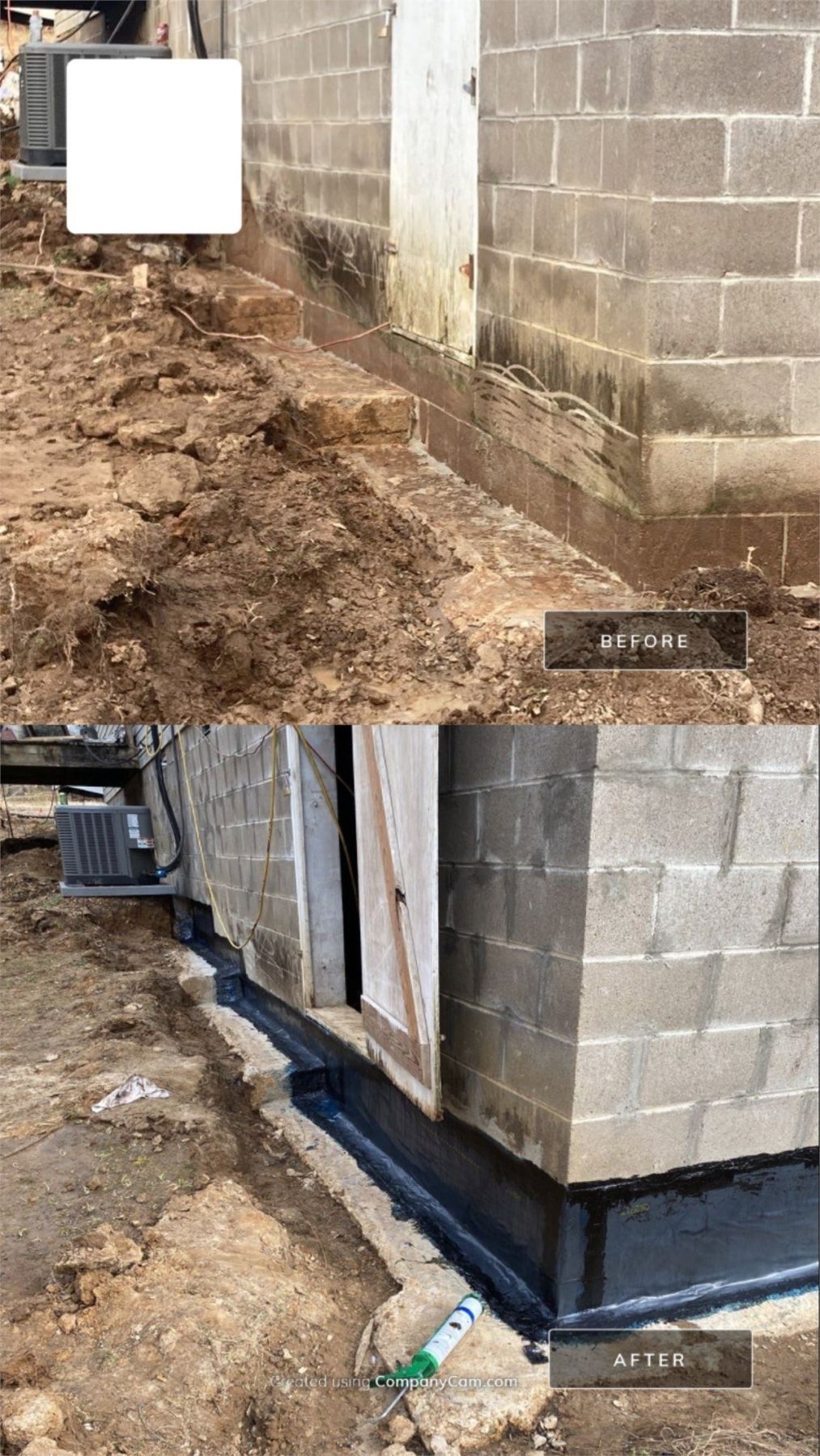 Before-and-after views of a waterproofing liner installed at a leaking foundation wall