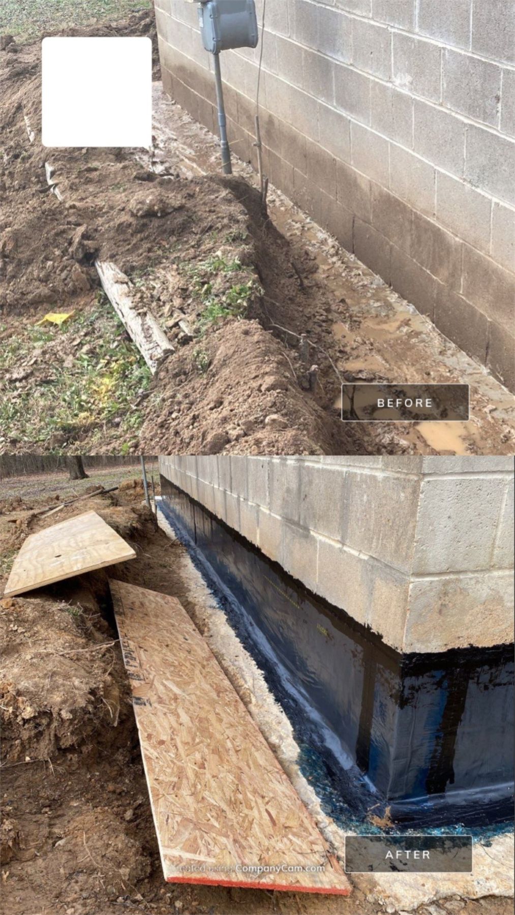 Before-and-after views of a French drain installed along a foundation to relieve water pressure