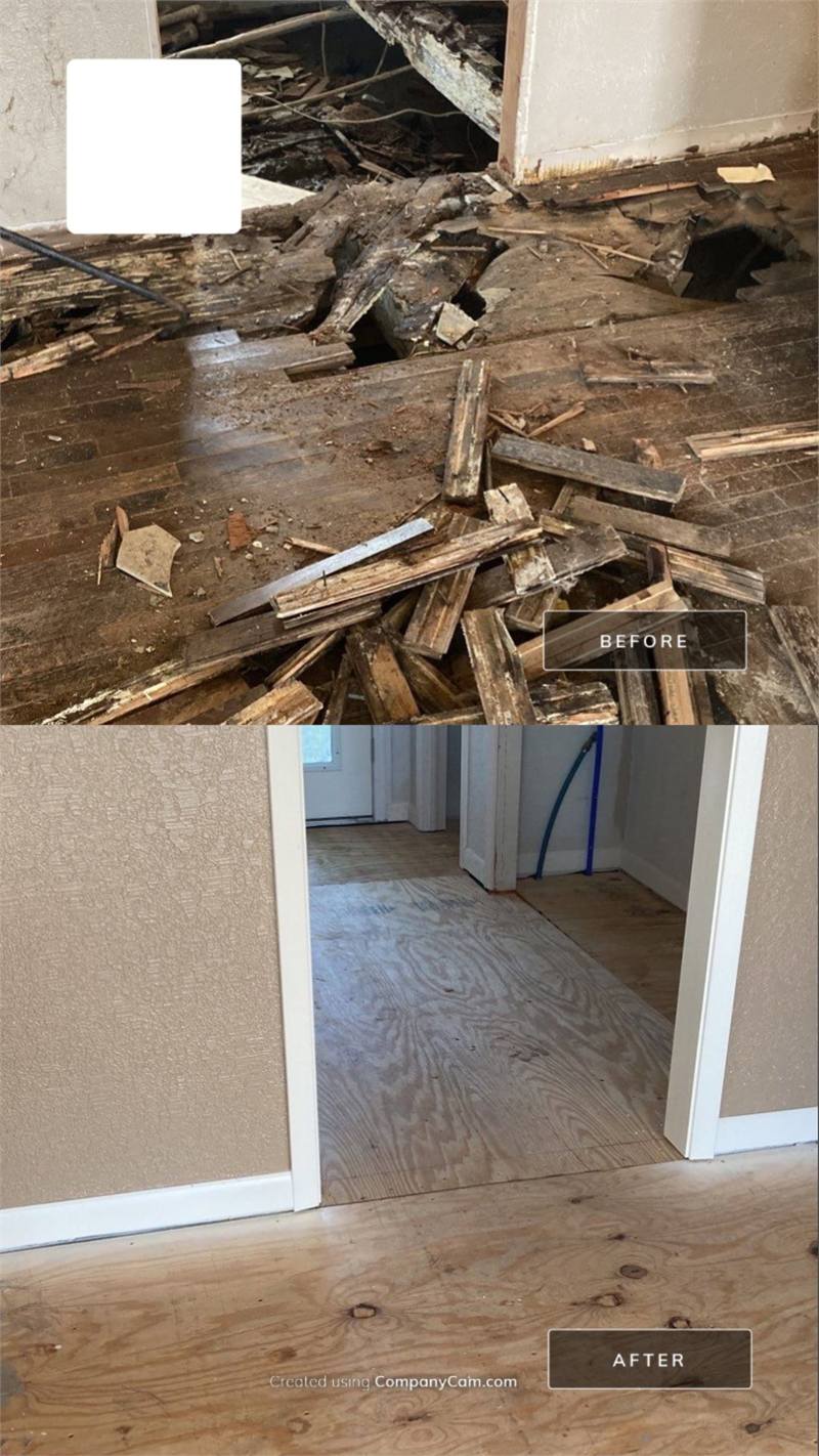 Before-and-after comparison of a severely deteriorated floor system and reconstructed plywood subfloor.