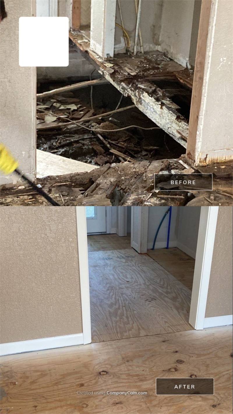 Before-and-after comparison of collapsed, deteriorated flooring and a continuous reconstructed plywood subfloor.
