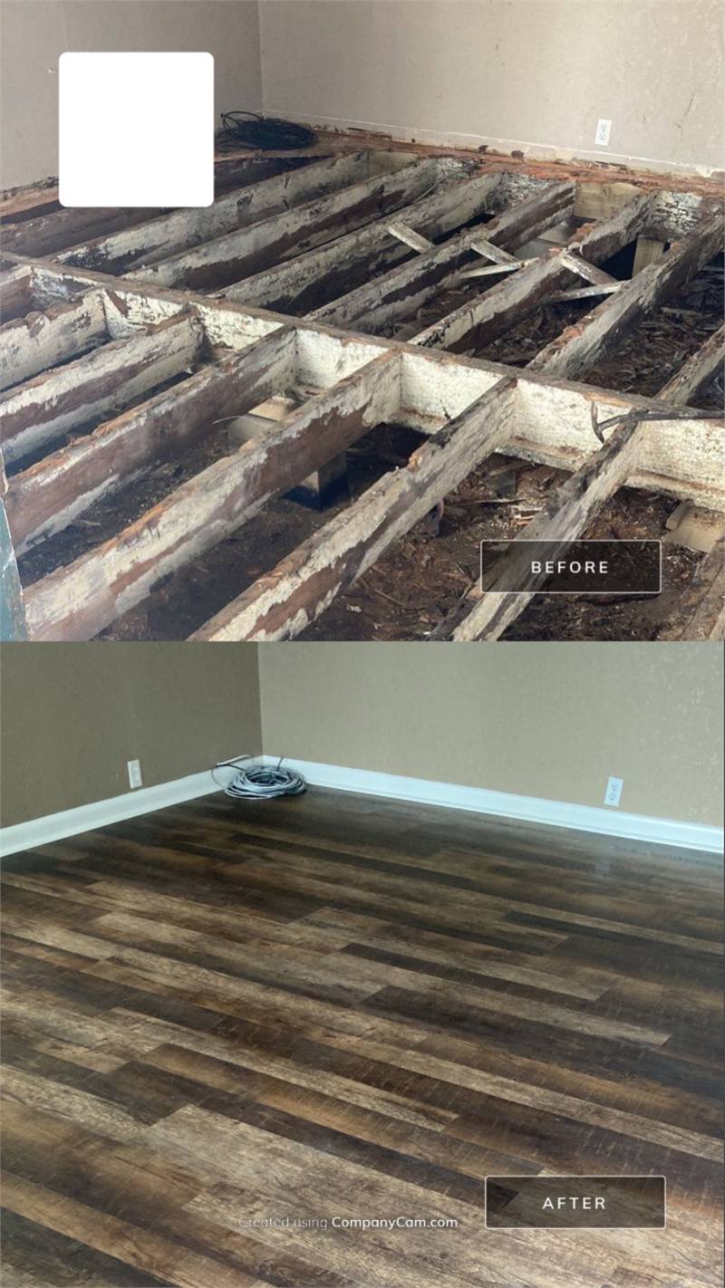 Before-and-after comparison of exposed, deteriorated floor framing and the completed room with finished flooring and baseboards.