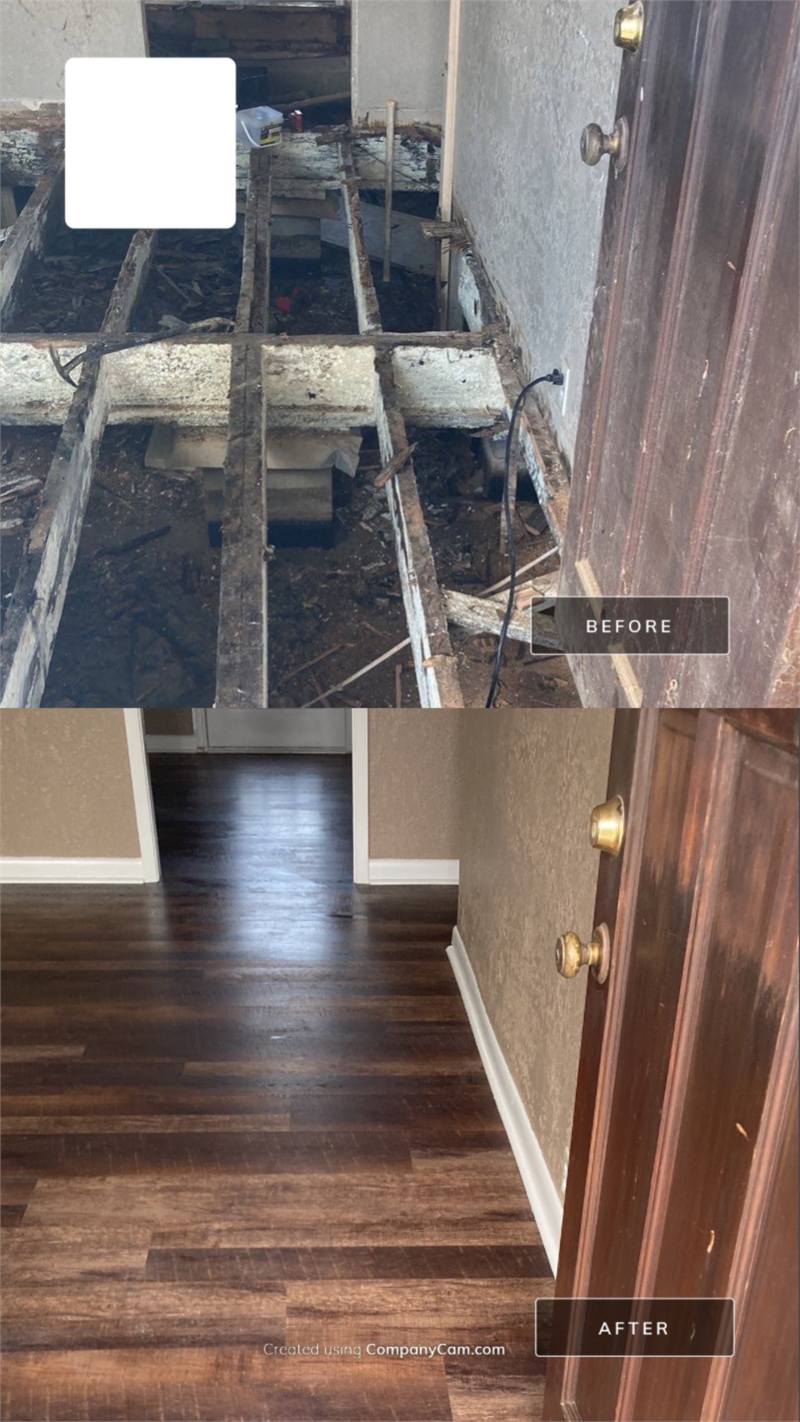 Before-and-after comparison of deteriorated floor framing at an entry and the completed hallway with finished flooring and baseboards.