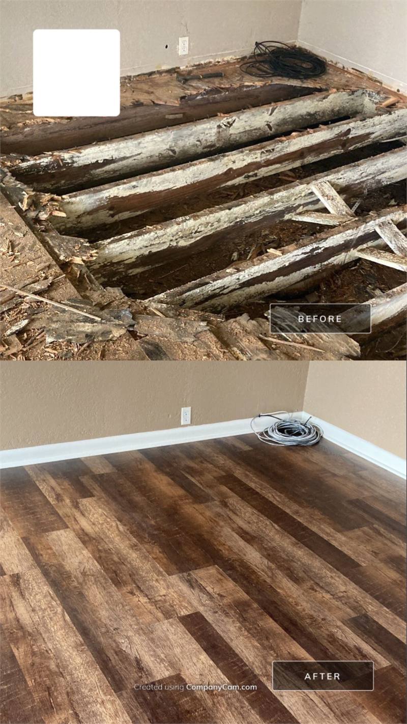 Before-and-after comparison of deteriorated floor joists with mold-related damage and the completed room with finished flooring.