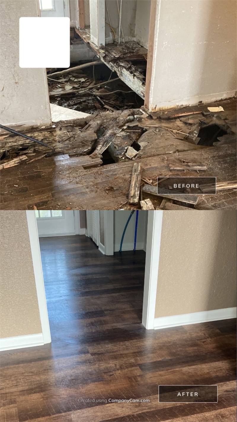 Before-and-after comparison of severely deteriorated floor framing and the completed reconstructed interior.