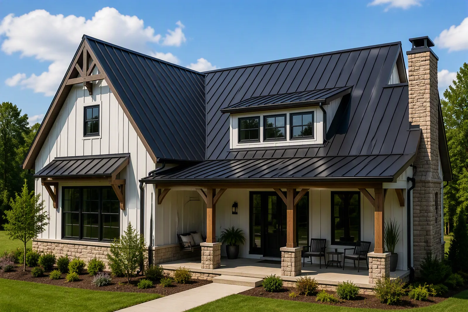 Illustration of a completed standing seam metal roof assembly with intersecting slopes and chimney flashing.