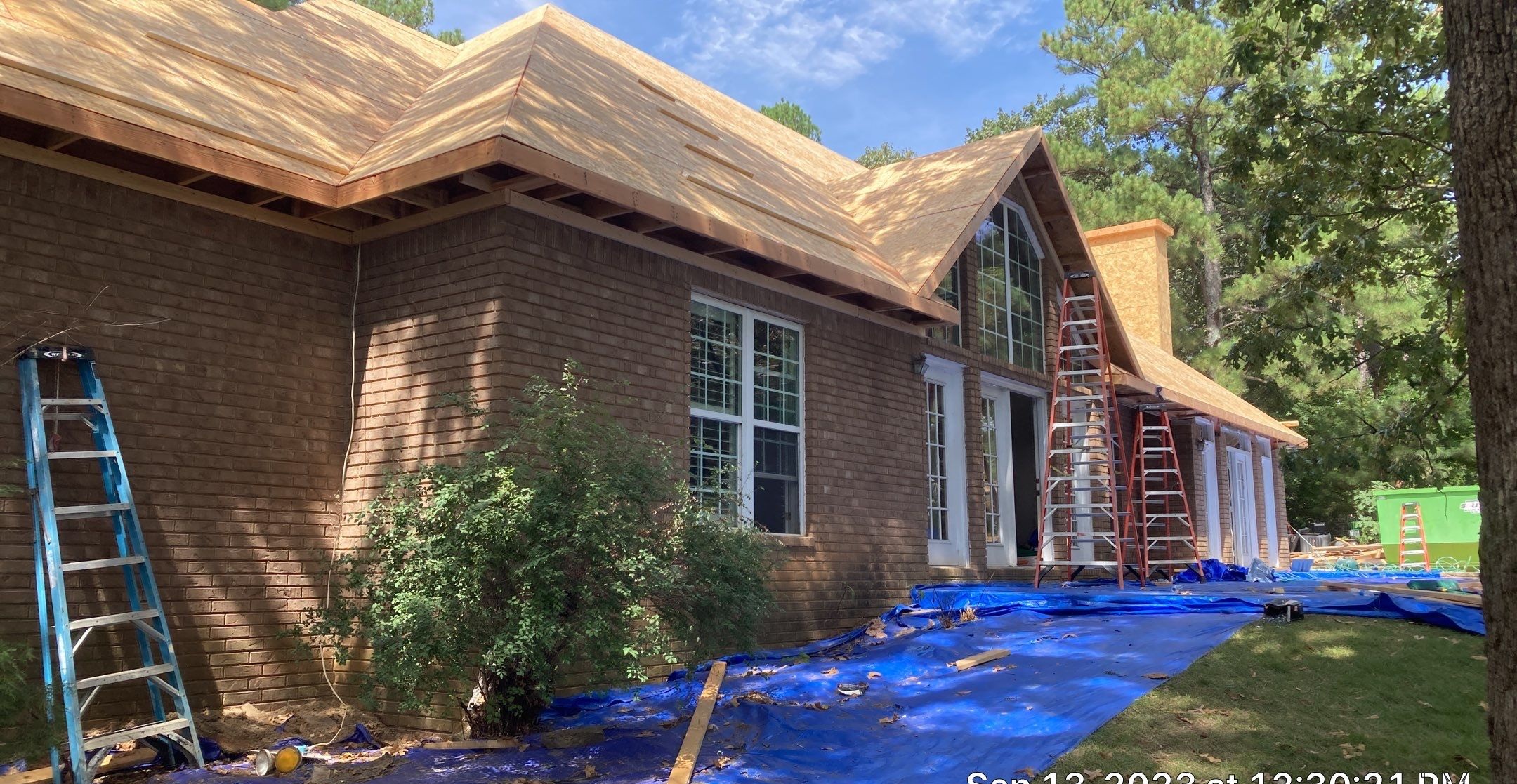 Reconstructed roof system following fire damage repairs in Northeast Arkansas.