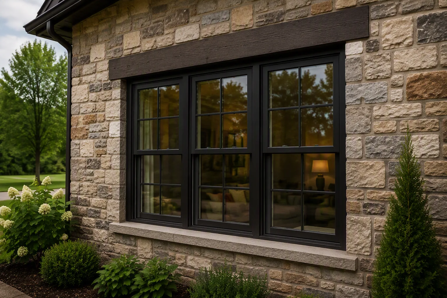 Black-framed double-hung windows installed in a stone masonry veneer wall.