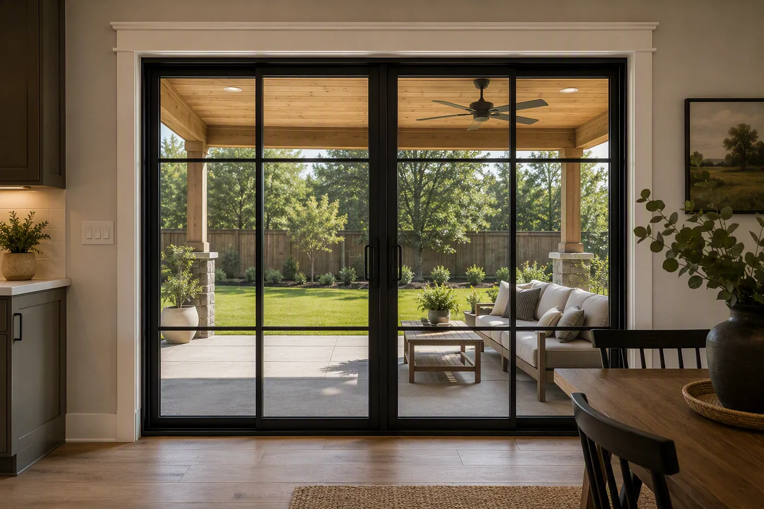 Black-framed glass patio door with white-painted trim leading to a covered porch.