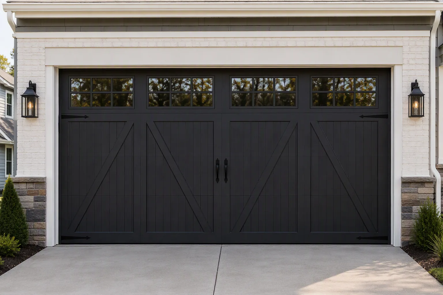 Black-painted sectional garage door.